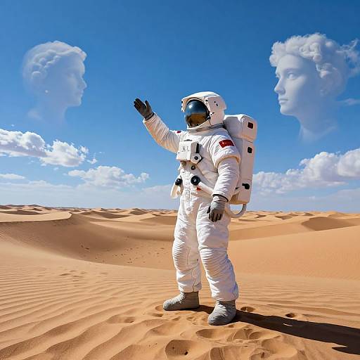Photorealistic CGI: Astronaut in white spacesuit with American flag, standing in bright orange desert, waving, with blue sky and fluffy clouds.