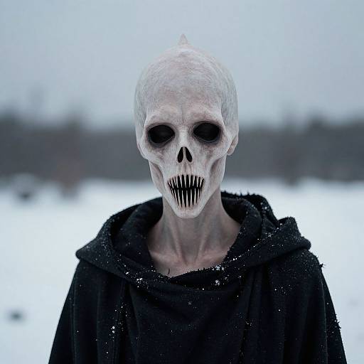 Photograph of a skeletal figure with a pale, hollow face and black eye sockets, wearing a black hooded cloak, standing in a snowy, over