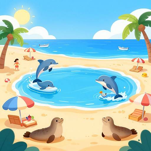 Colorful cartoon beach scene with two dolphins jumping in a shallow pool, two seals on the sandy shore, palm trees, beach umbrellas, and sail