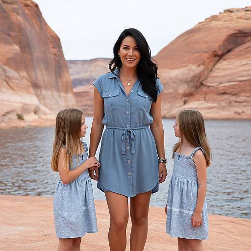 Photograph of a smiling Latina woman with long black hair, wearing a blue button-up dress, standing between two young girls in matching blue polka-dot