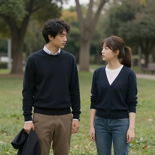 Two People Standing in Park Looking at Each Other