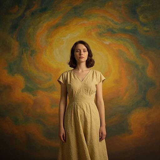 Photograph of a young woman with fair skin and dark brown wavy hair, wearing a gold textured dress, standing against a swirling orange, yellow,