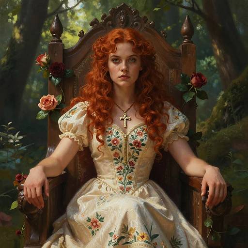 Photorealistic digital painting of a red-haired woman with curly hair, wearing a floral-embroidered ivory dress, seated on a wooden throne adorned