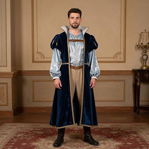 Photograph of a bearded man in medieval-style blue velvet robe, silver shirt, and beige pants, standing in ornate room with wooden paneling