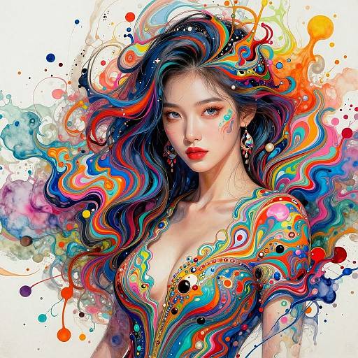 Digital art of an Asian woman with long, colorful, wavy hair, wearing a vibrant, patterned dress, surrounded by abstract splashes.
