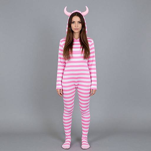 Photograph of a young woman with long brown hair wearing a pink and white striped onesie with white horns, standing against a gray background.