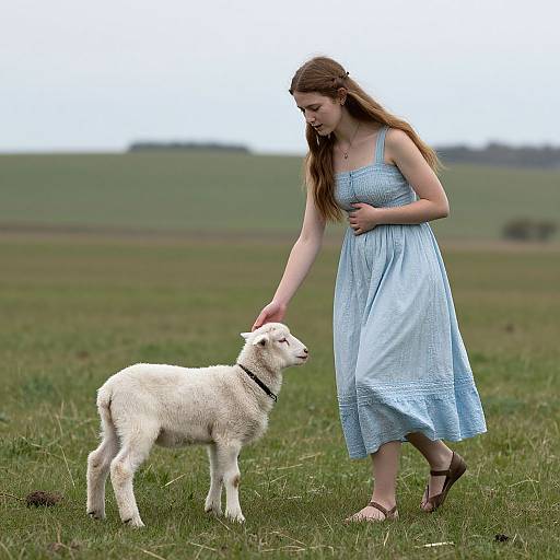 Photograph of a young woman in a light blue dress gently petting a white lamb in a grassy, open field.