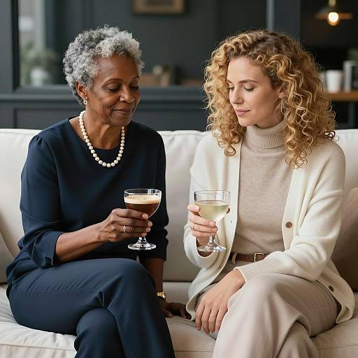 Two Women Enjoying Drinks on Sofa