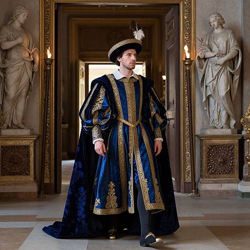 Photograph of a young man in an ornate, blue and gold Renaissance-style robe and hat, standing in a grand, classical hall with marble statues