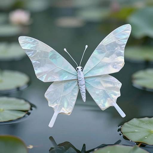 Photograph of a white butterfly with iridescent wings, perched on water lilies in a serene, reflective pond.