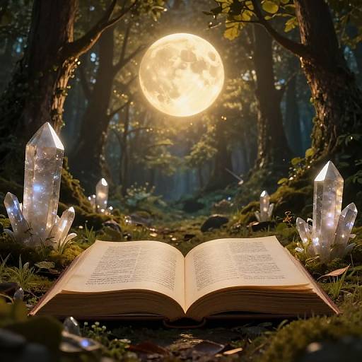 Photograph of an open book on a mossy forest floor, surrounded by glowing crystals, under a bright full moon in a mystical forest.