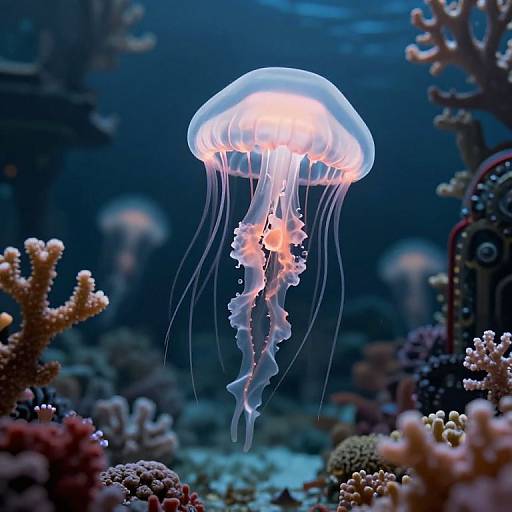 Photograph of a glowing, translucent jellyfish with delicate, flowing tentacles, suspended in a vibrant, underwater coral reef, illuminated by soft blue light