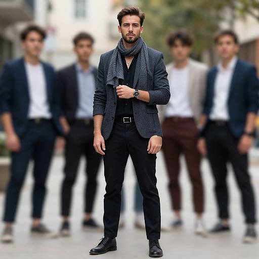 Photograph of a bearded man in a dark blue blazer, black shirt, and scarf, standing center with blurred, similarly-dressed men behind