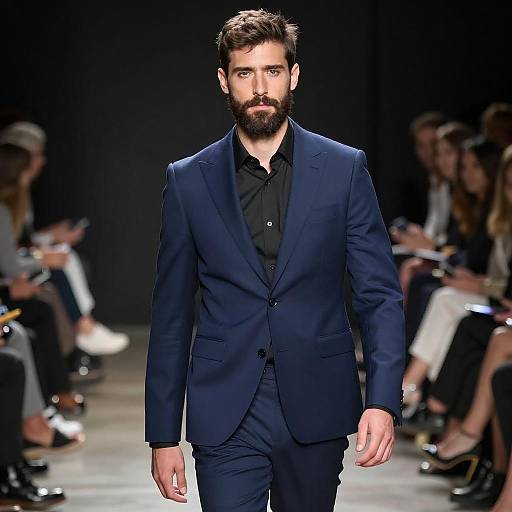 Photograph of a bearded man with short brown hair, wearing a dark blue suit and black shirt, walking down a dimly lit fashion runway.