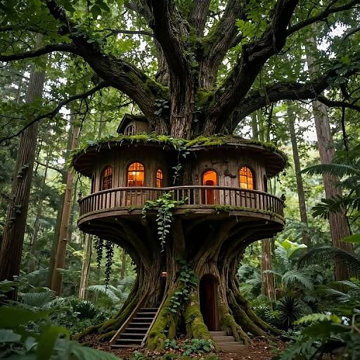 Photograph of a whimsical, moss-covered treehouse with orange-lit windows, nestled in a dense, lush forest, surrounded by tall redwoods