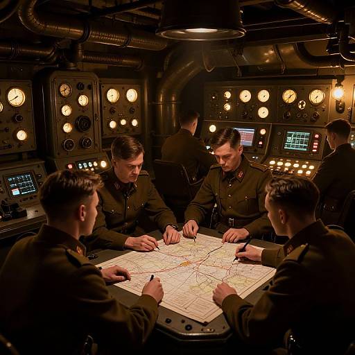 Photograph of five male military officers in dark uniforms, seated around a dimly lit control room, intensely studying a detailed map on a table.