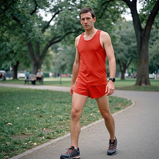 Photograph of a muscular, fair-skinned man in a bright red tank top and shorts, running on a park pathway, wearing a black wristwatch