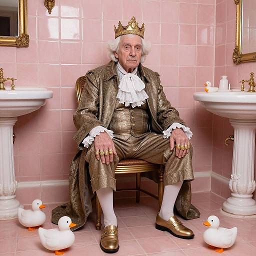 Photograph of elderly white man in gold-trimmed brown royal attire, crown, white ruffles, sitting on chair between pink-tiled sinks,