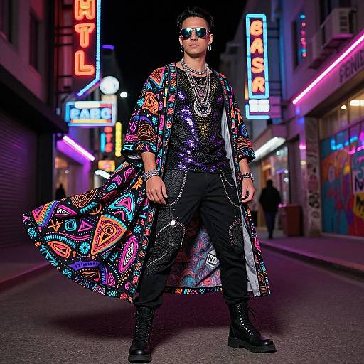 Photograph of a stylish man in neon-lit urban alley, wearing a colorful, patterned coat, sequined shirt, black pants, boots,