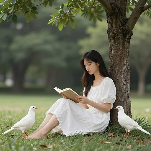 Young Woman Reading Under Tree with White Birds