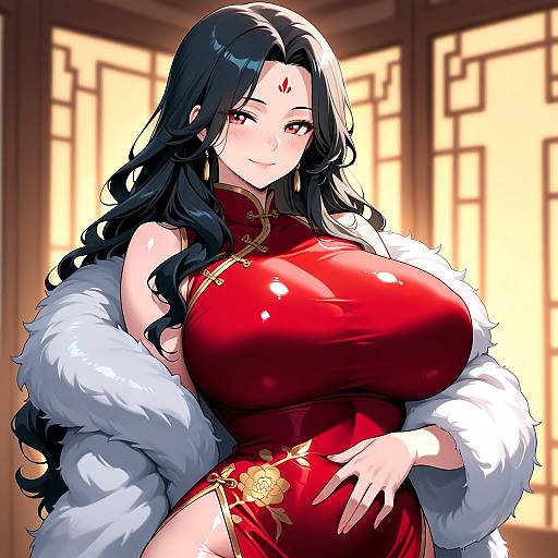 Elegant Mature Woman in Red China Dress