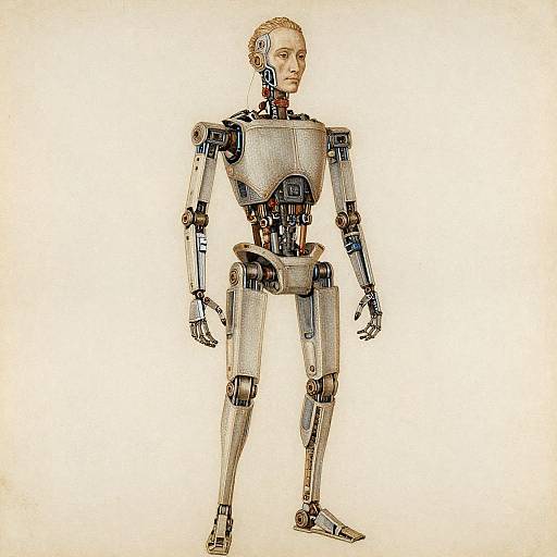 Digital illustration of a humanoid robot with a sleek, metallic body, exposed joints, and visible circuitry, standing against a plain white background.