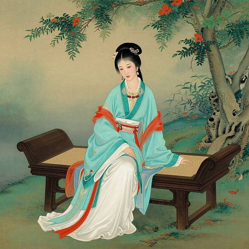 Digital painting of a serene East Asian woman in traditional blue and white kimono, seated on a wooden bench, surrounded by a lush tree with red flowers