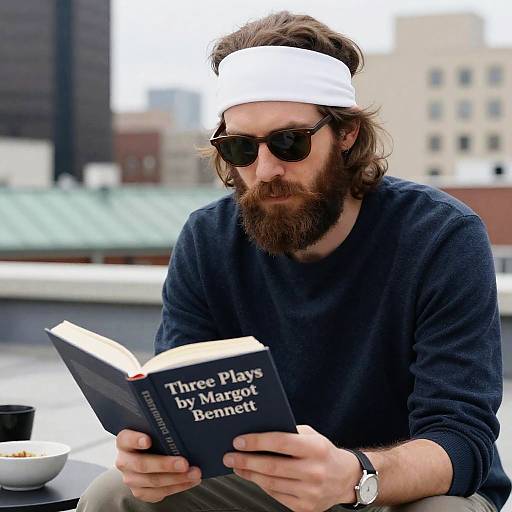 Bearded Man Reading on Rooftop