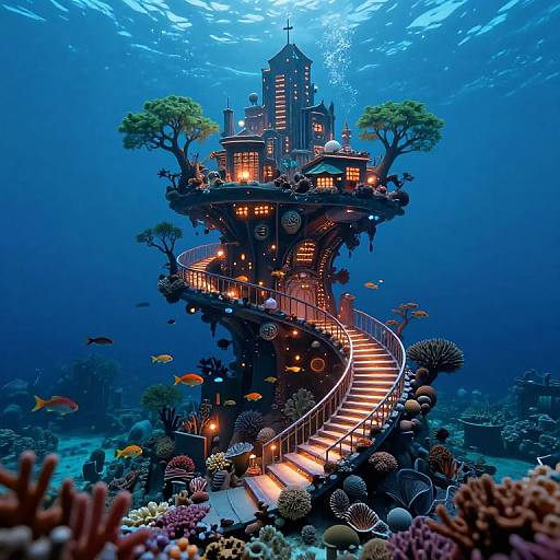 Photograph of a whimsical, underwater, spiral staircase castle with glowing windows, surrounded by colorful coral, fish, and two tree-like structures.