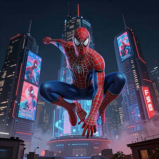 Photorealistic digital art of Spider-Man in his iconic red and blue suit, mid-leap, against a neon-lit, futuristic cityscape with