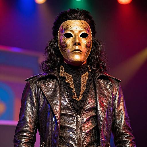 Photograph of a person with long black hair, wearing a reflective silver leather jacket, black lace shirt, and a gold mask with black eye holes,