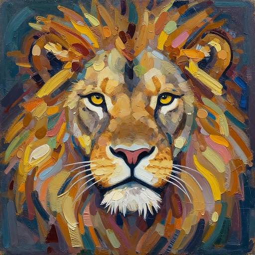 Vibrant, abstract painting of a lion's face with bold, colorful brushstrokes in yellow, orange, brown, and blue, against a