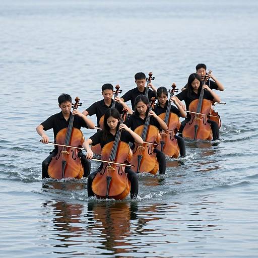 Photograph of six Asian musicians in black shirts playing cellos, standing in shallow, reflective water, creating a harmonious and serene scene.