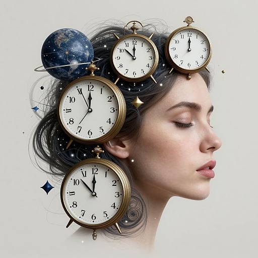 Digital artwork of a woman with closed eyes, dark hair, wearing five golden clocks and a planet on her head, against a white background. Time and