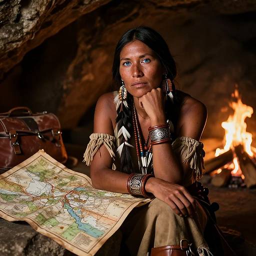 Photograph of a Native American woman with dark hair and blue eyes, sitting in a cave, holding a map, wearing tribal attire, with a fire