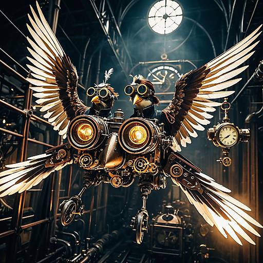 Dynamic Steampunk Birds in Flight