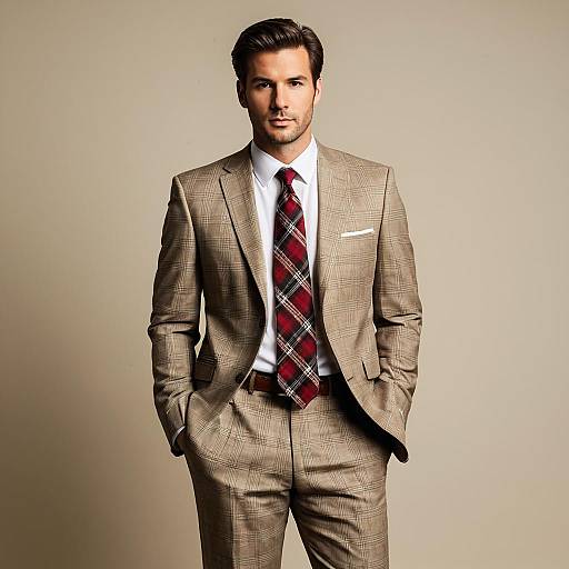 Man in Beige Plaid Suit with Red Tie