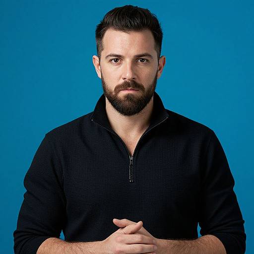 Photograph of a bearded, dark-haired man with short hair, wearing a black zip-up shirt, against a bright blue background. He gazes