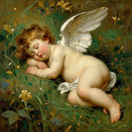Digital painting of a chubby, nude cherub with curly brown hair, white wings, and a small white cloth, sleeping among yellow flowers and green foliage