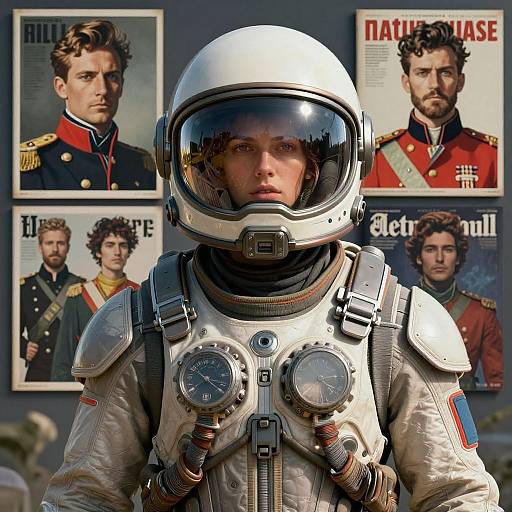 Photorealistic CGI of a serious man in a silver space suit with helmet, surrounded by historical military posters of bearded men.