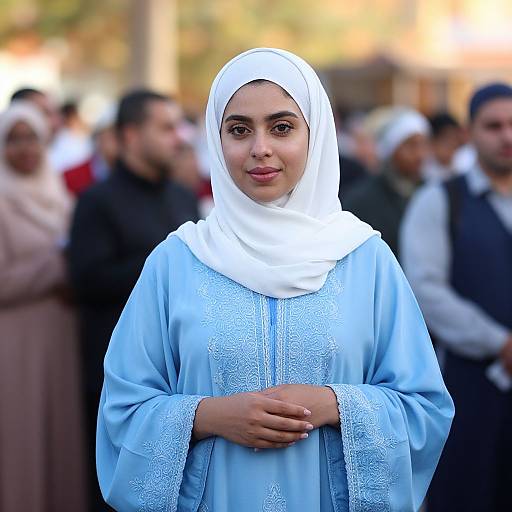 Photograph of a young woman with light brown skin wearing a white hijab and light blue embroidered thobe, standing in a blurred outdoor crowd.