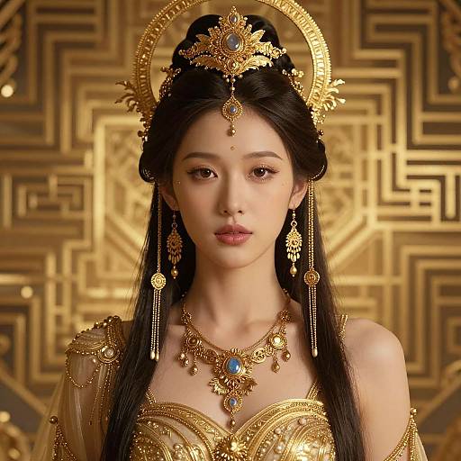 Digital artwork of an East Asian woman with long black hair, wearing elaborate golden headdress, jewelry, and ornate gold attire, against a gold geometric