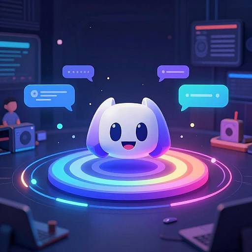 CGI image of a glowing, white, round, cat-like digital character with large black eyes, floating in a colorful neon ring, surrounded by chat