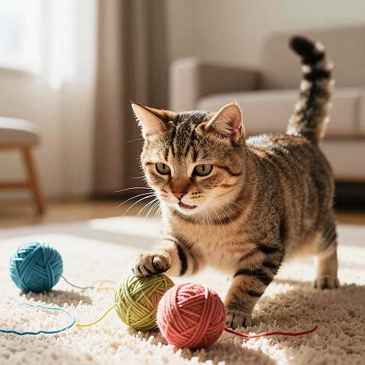 Photograph of a curious, striped tabby kitten playfully pouncing on colorful yarn balls in a sunlit, cozy living room.