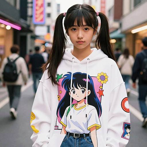 Photograph of an Asian woman with black pigtails in a white anime-print hoodie, standing in a bustling urban street at night. Neon signs and