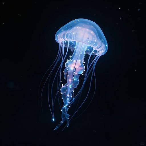 Photograph of a glowing blue jellyfish with translucent, flowing tentacles and bioluminescent spots, floating against a dark, starry background.