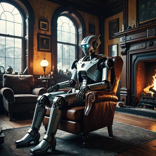 Futuristic Robot Sitting by Fireplace in Victorian Room