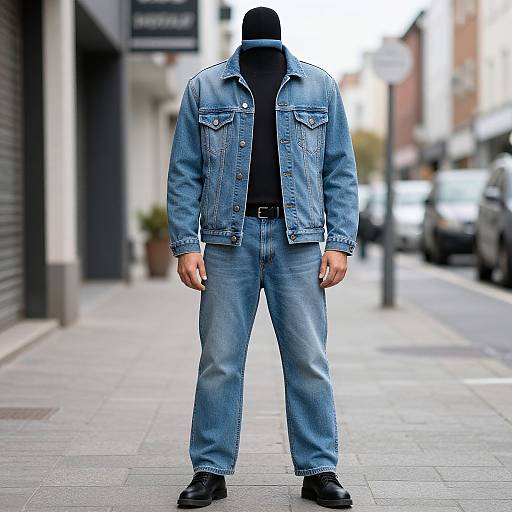 Photograph of a headless person wearing a blue denim jacket, black t-shirt, and jeans, standing on a city sidewalk.