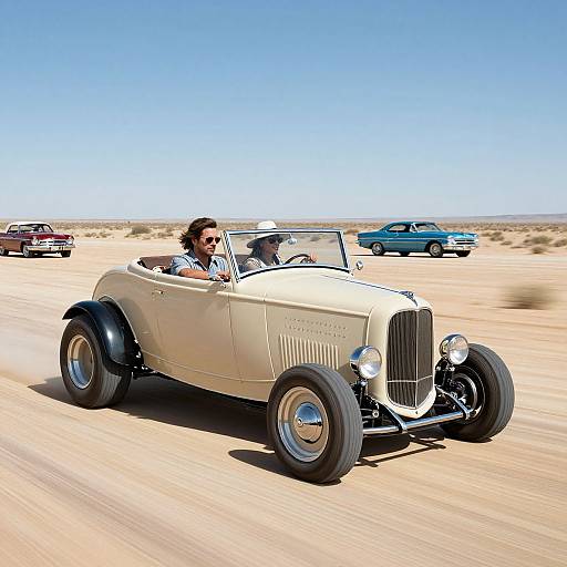 Photograph of a man in sunglasses driving a cream-colored vintage convertible through a desert, with blue and red classic cars in the background. Clear blue sky