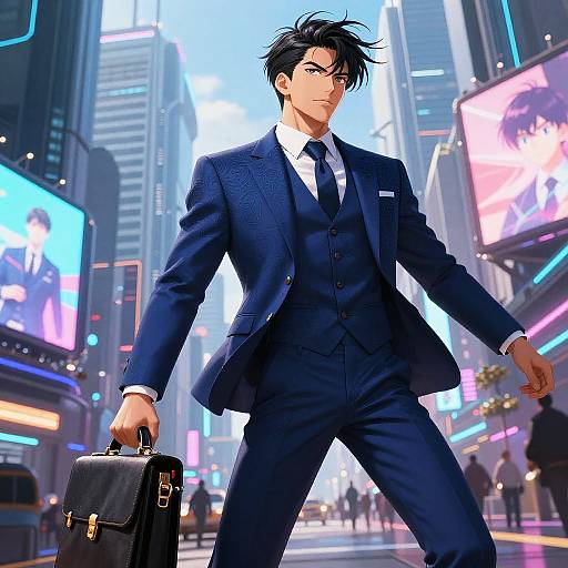 Anime-style digital illustration of a confident, black-haired man in a blue suit, holding a briefcase, standing in a brightly lit, neon-lit